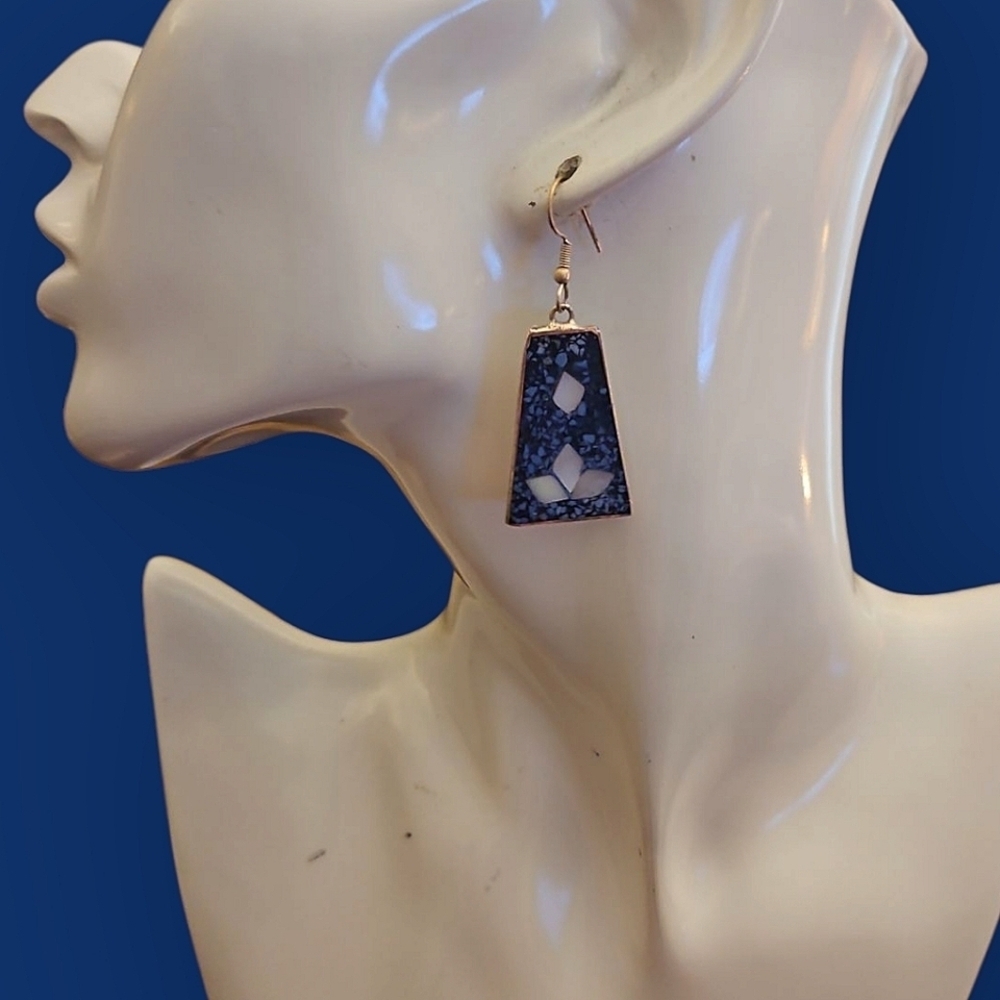 Vintage 1970s Peruvian Crushed Stone And Abalone Shell Geometric Earrings